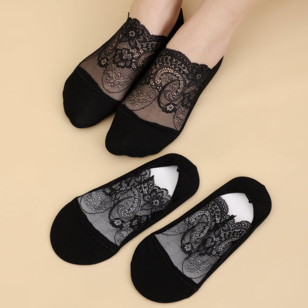 3pairs Women's Lace Floral Trim Boat Hidden Socks