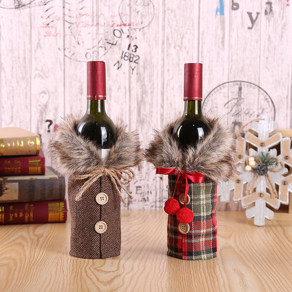 1pc Christmas Fur Collar Wine Bottle Cover, Linen Bottle Bag, Christmas Gifts Decorations