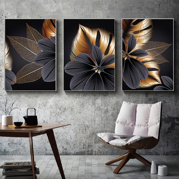 3pcs Frameless Black Golden Plant Leaf Canvas Painting, Abstract Wall Art, Nordic Living Room Decoration Picture, Poster And Print, Modern Home Decor, No Frame