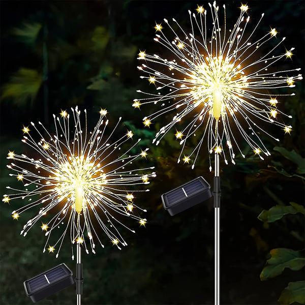 2pcs Outdoor Solar Garden Light, Starburst Lights 150 LED Waterproof 8 Flash Mode Dimmable Copper Wire String, Fireworks Fairy Lights For Walkway Patio Backyard Decor