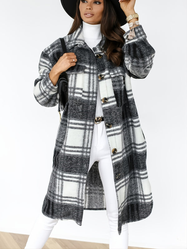 Women's Outerwear Casual Long Sleeve Plaid Brushed Mid-length Losse Jacket