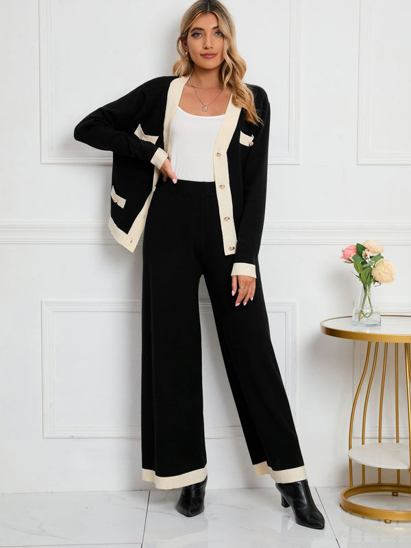 Women's Set Elegant  V-neck Button Cardigan & Sweater Pant Set