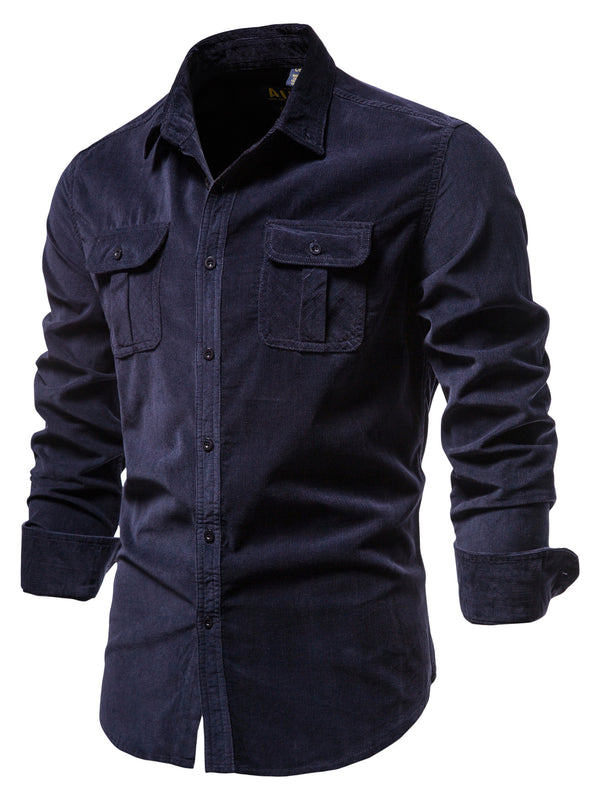 Men's Corduroy Solid Pocket Casual Button-Down Shirts