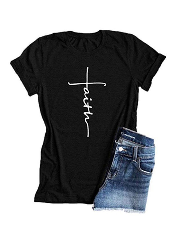 Women Cross Faith T-Shirt Printed V-Neck Casual Short Sleeve Graphic Cute Top