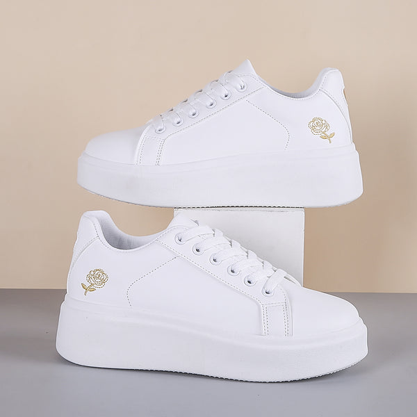 Golden Rose Embroidered Sneakers, Clean & Stylish White Low Top Skate Shoes, Women's Footwear