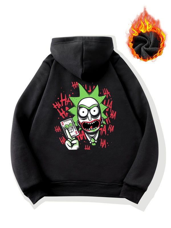 Men's Fashion Personality Cartoon Poker Print Autumn And Winter Fleece Hooded Sweatshirt