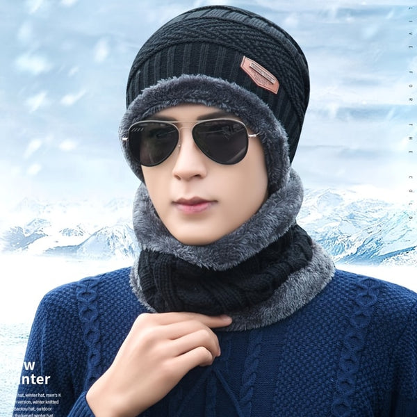 Autumn And Winter Men's Knitted Hat Plus Velvet Thick Warm Wool Hat, Hat + Scarf 2-piece Set