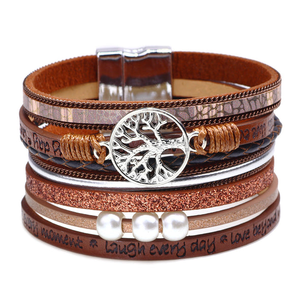 Hollow Tree Of Life Letters Pearl Women's Leather Bracelet