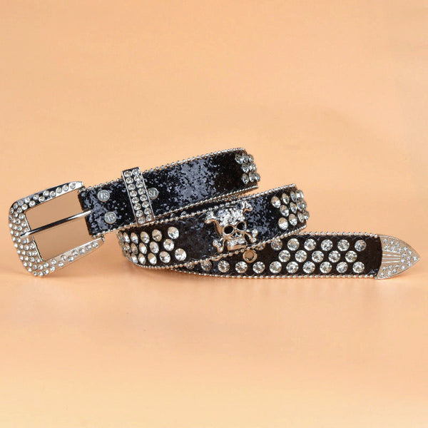 Ladies Rhinestone Skull Belt, With Shiny Faux Diamond Decals