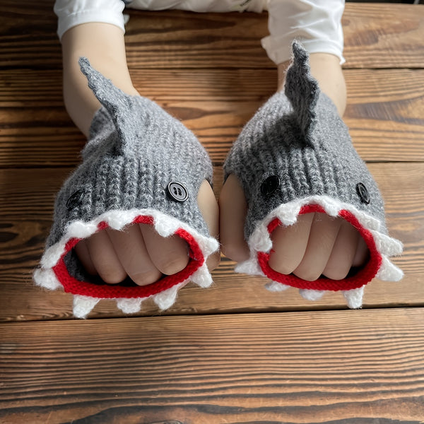 1pair Handmade Shark Gloves Christmas Gift Funny Cartoon Wool Winter Warm Half-Finger Gloves