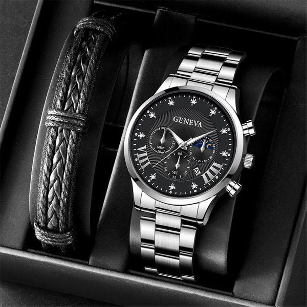 Men's Rhinestone Inlaid Alloy Steel Band Quartz Watch & Bracelet Set With Calendar