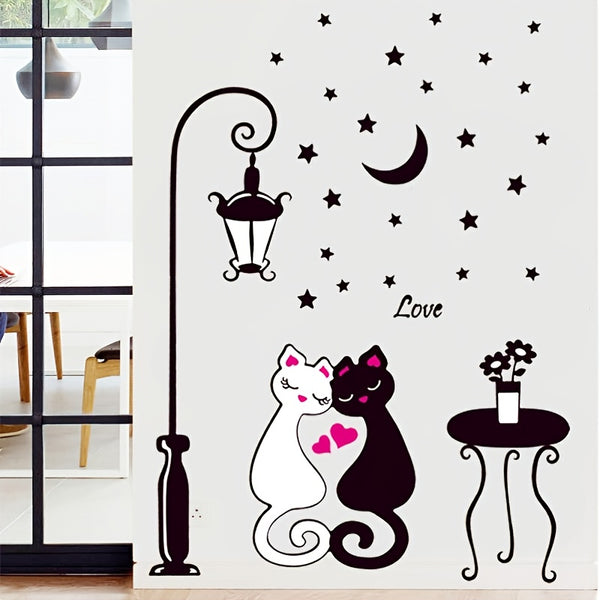 Black And White Couple Cat Wall Stickers, Warm Background Wall Stickers For Bedroom Wall, Living Room, Corridor, Porch