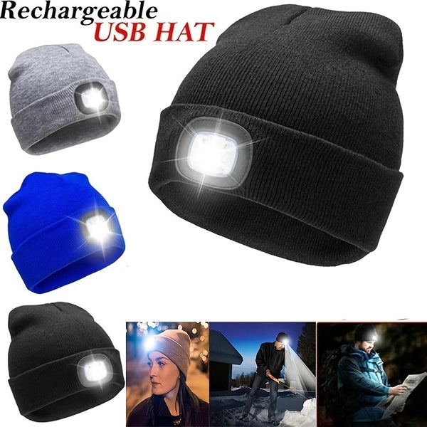 Unisex Beanie Hat With Light, USB Rechargeable Hands Free LED Headlamp Hat, Knitted Night Light Beanie Cap Flashlight Hat, For Gifts