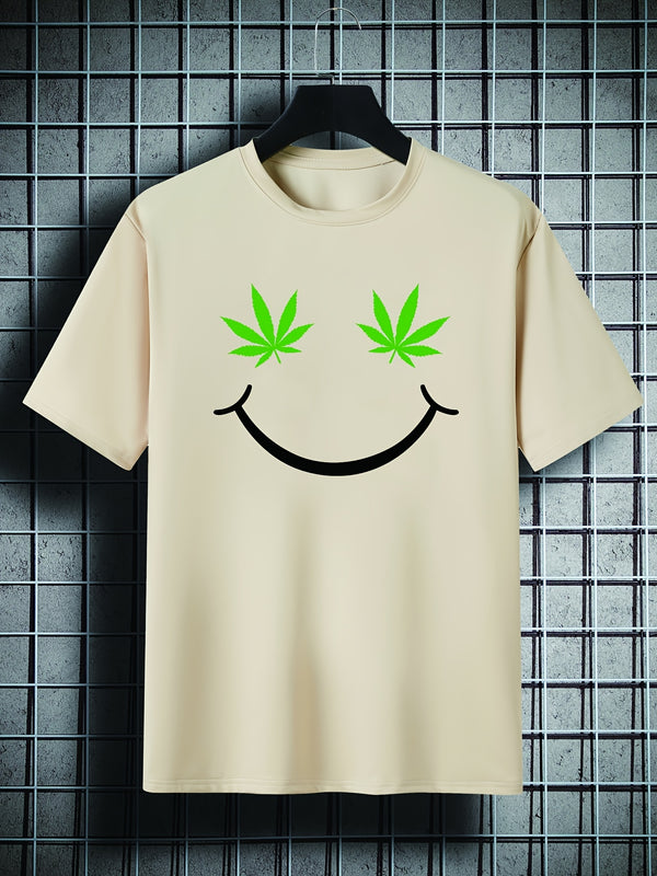 Men's Plus Size Smile Face Weed Pattern Plain Color Short Sleeve Crew Neck T-shirt, Oversized Casual Clothing For Big And Tall Guys