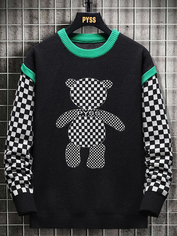 Men's Plus Size Bear Pattern Checkered Color Block Pattern Anti-pilling Antistatic Crew Neck Pullover Sweater, Long Sleeve Clothing For Spring Autumn Winter, For Big And Tall Guys