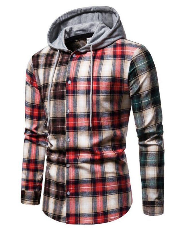 New Men's Casual Fashionable Plaid Long-sleeved Hooded Shirt