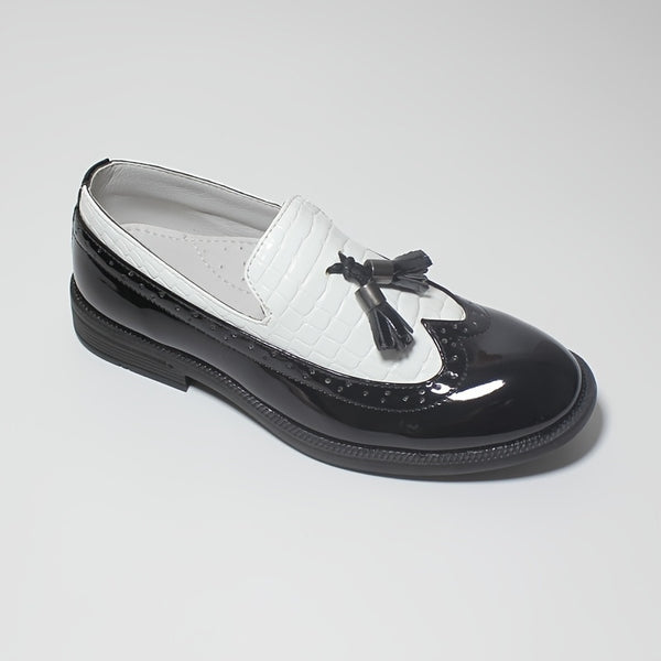 Boys Casual Stitching Loafers, Low Heel Slip-on Tassel Formal Dress Shoes For Party Performance