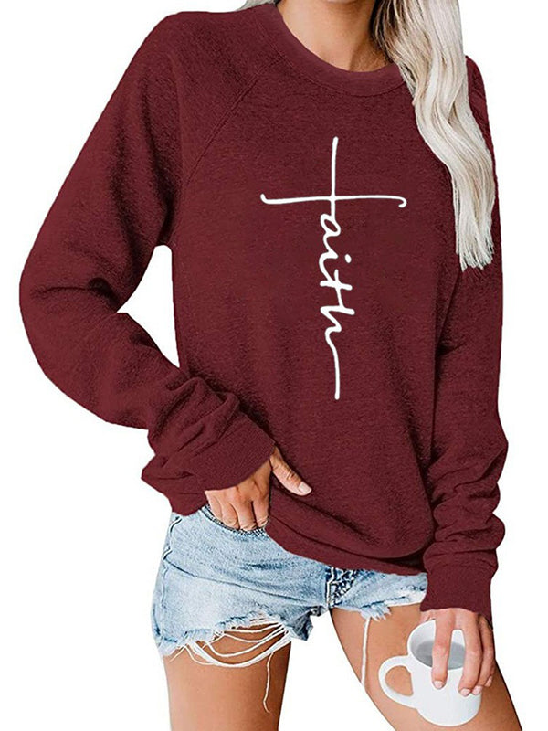 Women's T-Shirt Casual Crew Neck Loose Solid Color Letter Printed Long Sleeve T-Shirt