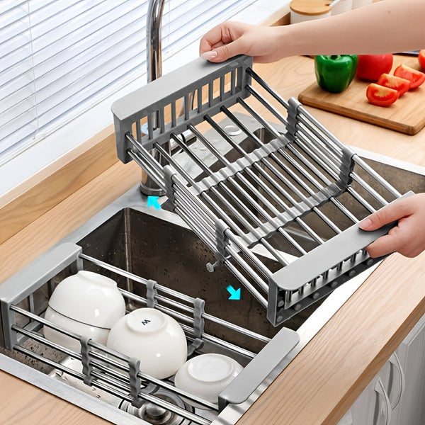 1pc Drain Rack, Stainless Steel Kitchen Basket, Home Dish Rack, Retractable Sink Shelf, 8.81*(11.22-18.5)*3.7in, Suitable For Rectangular Sink