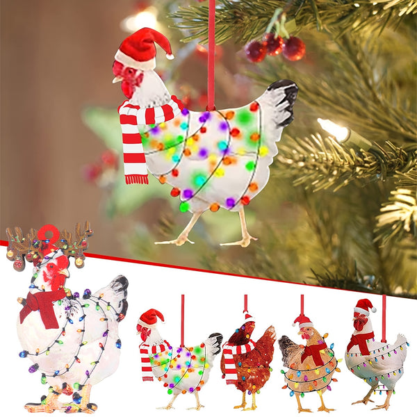 1pc Christmas Scarf Chicken Holiday Decoration, Christmas Outdoor Decoration, Wooden Christmas Pendants, Christmas Ornament