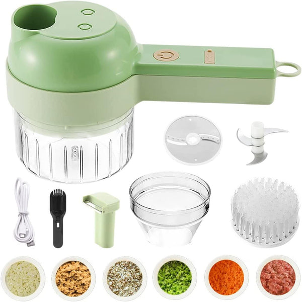 1pc 4 In 1 Vegetable Chopper Handheld Electric Vegetable Cutter Set Portable Wireless Garlic Mud Masher Garlic Press And Slicer Set Multifunctional Electric Mini Food Processor With Brush For Ginger Peppers Onions Garlic Vegetable Chopper