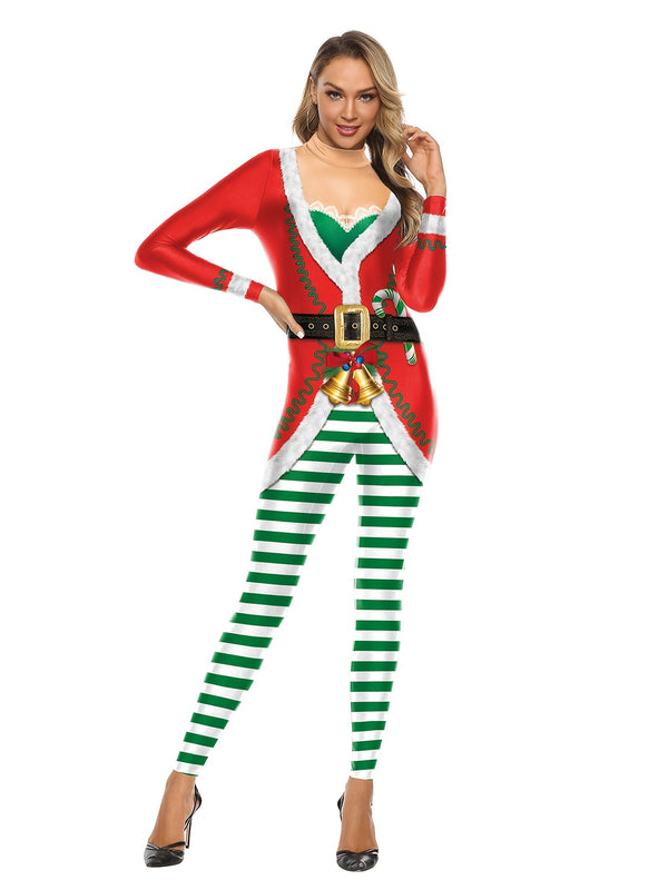 Christmas Santa Claus Costumes Jumpsuit, Casual One-piece Print Long Sleeve Waist Bodycon Stage Jumpsuit, Women's Clothing