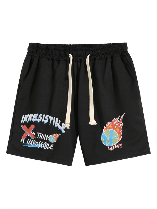 New Men's Street Style Simple Trendy Casual Solid Black Fire Earth Print Sports Drawstrings Shorts