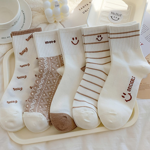 5pairs Cute & Soft Smiling Face Ankle Socks , Khaki & White Crew Socks , Women's Stockings & Hosiery