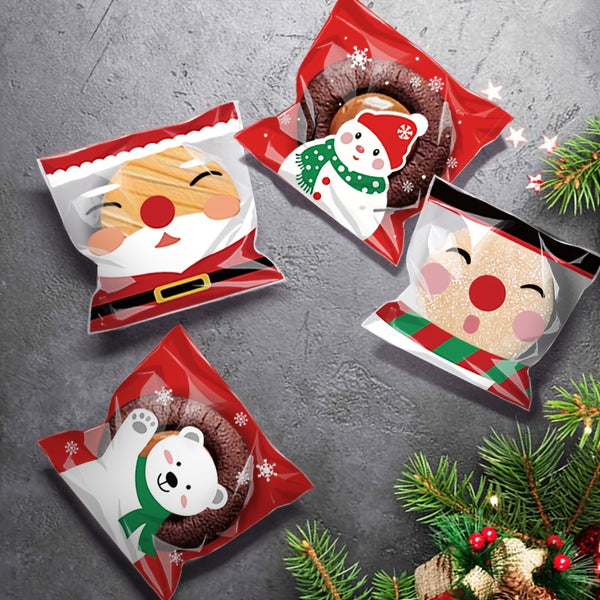 100pcs Christmas Candy Cookie Plastic Bag, Self-adhesive Cookie Topper Gift Wrapping Bag, New Year Party Supplies, Goodie Bag