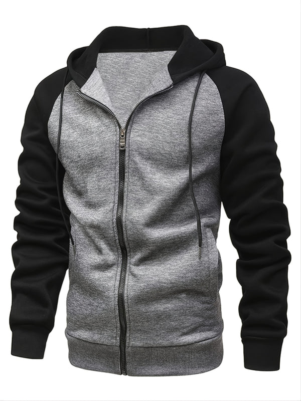 Fall/Winter Men's Colorblock Raglan Sleeve Zip Up Drawstring Hoodie