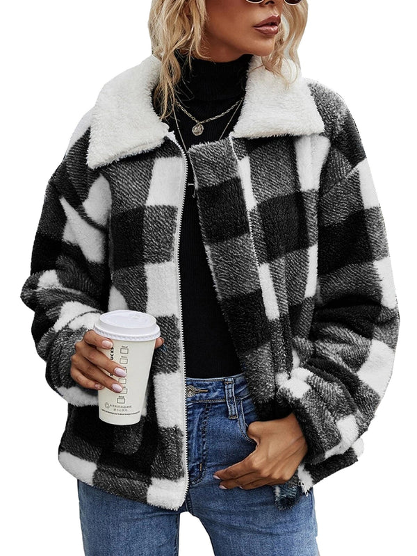 Women's Outerwear Color Block Plaid Casual Plush Jacket