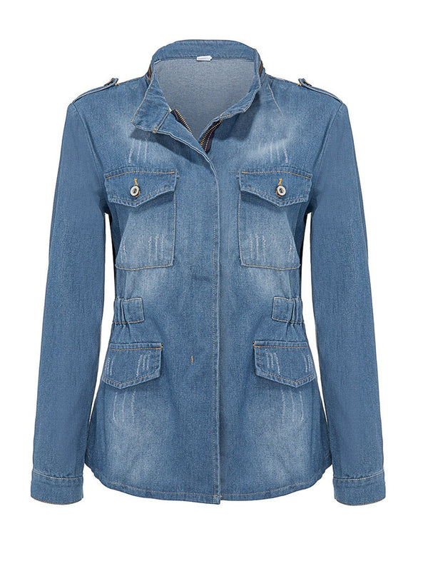 Women Light Blue Classic High Waist Casual Denim Classic Button Front Long Sleeve Jacket