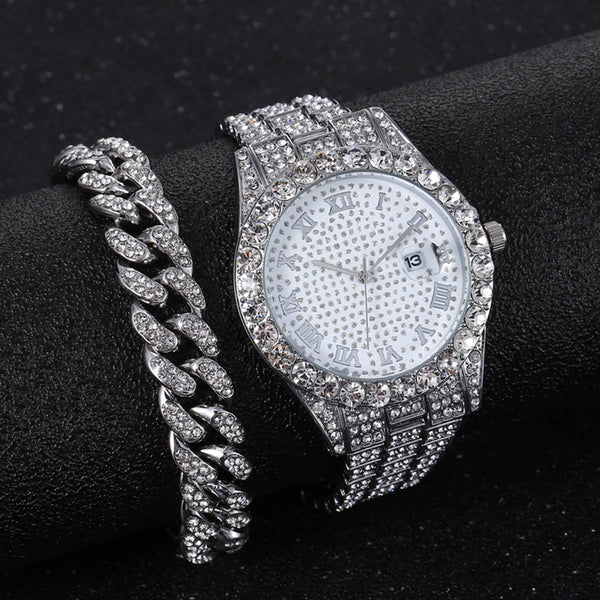 2pcs/set Rhinestone Large Dial Steel Strap Quartz Zinc Alloy Watch And Cuban Link Style Bracelet Set(1 Watch+1 Bracelet)