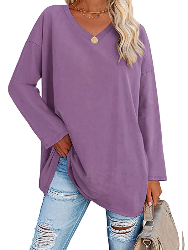 Women's Solid Color Oversized Tops, V-Neck Long Sleeve T-Shirts, Casual Loose Shirts, Women's Clothing