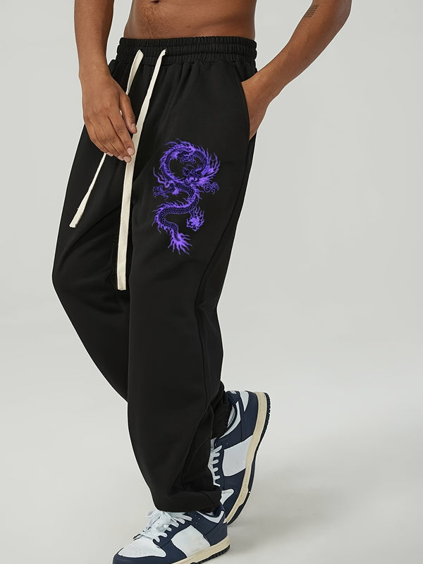 Men's Jogger Sweatpants, Purple Chinese Style Graphic Casual Pants With Drawstring Waist For Big And Tall Guys, Plus Size