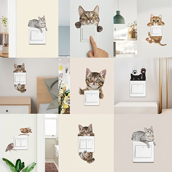 1pc Cartoon Painted Switch Sticker, Cute Cat Bird Self-Adhesive Wall Sticker, Home Decorations