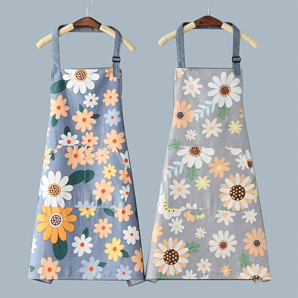 1pc Oil-proof And Waterproof Apron, Floral Pattern Kitchen Cooking Apron With Pocket